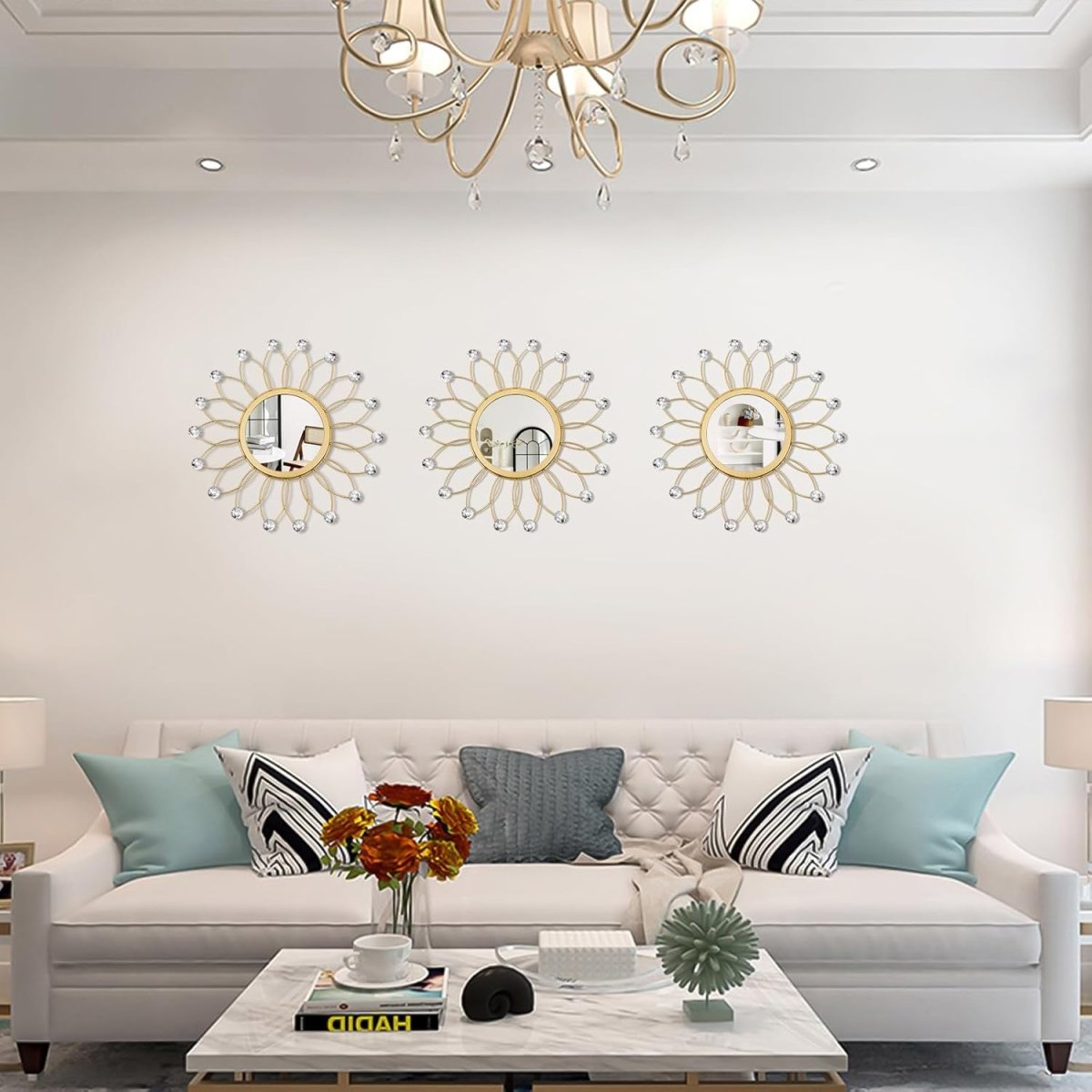 3 Pack Metal Mirrors for Wall Sunburst Wall Mirrors Home Décor Decorative Hanging Wall Art for Living Room Bedroom Entryway (Gold, Flower Sunburst) - Homesidy.com