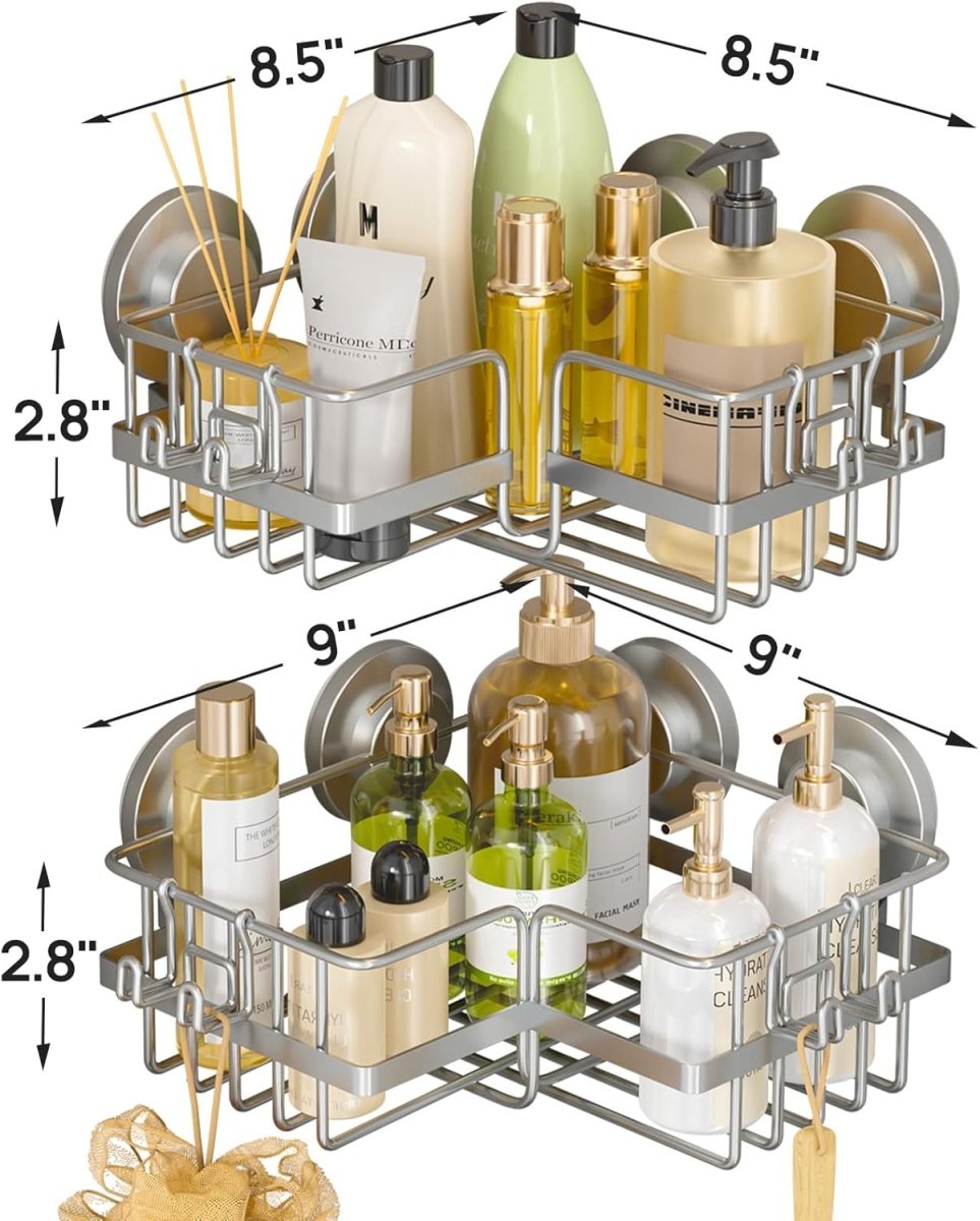 LEVERLOC Corner - adaptive Suction Cup Shower Caddies 2 Pack, Stainless Steel Rustproof Corner Shower Shelf, Large Capacity Removable Suction Cup Bathroom Organizer, Drill - Free Wall Mounted Basket, Gray - Homesidy.com