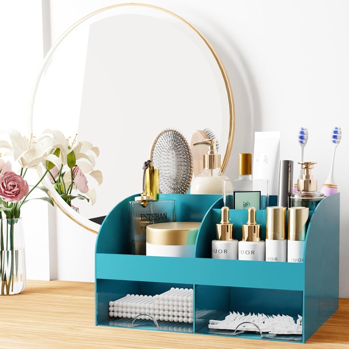 Makeup Organizer with Drawers, Cosmetic Storage for Dresser Vanity and Bathroom Countertop, Beauty Holder for Lipstick Brush, Skincare Organizer for Vanity, Cosmetic Display Case (White) - Homesidy.com