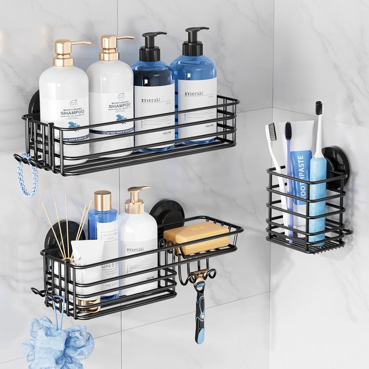 TAILI Shower Caddy Suction Cup 2 Pack with Hooks &amp; Soap holder, Heavy Duty Shower Organizer for Bathroom, No Drilling Bathroom Organizer with Large Capacity, Black Metal Storage Basket - Homesidy.com