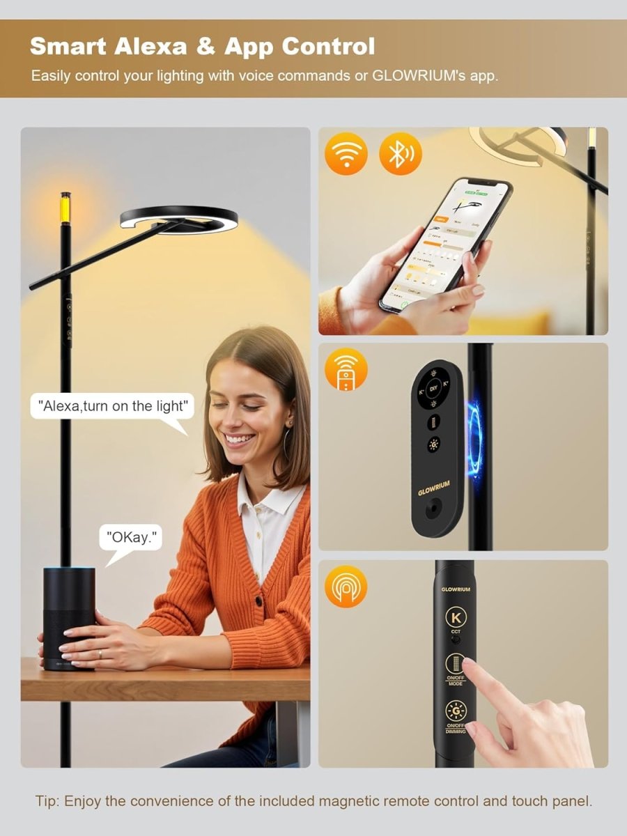 GLOWRIUM Smart Light Therapy Lamp, 10000 Lux UV - Free Sun Lamp, 2700 - 6500K Floor Lamp Therapy Light, Stepless Dimmable Energy Sunlight with App &amp; Remote, Timer, Cozy Light Settings for Winding Down - Homesidy.com