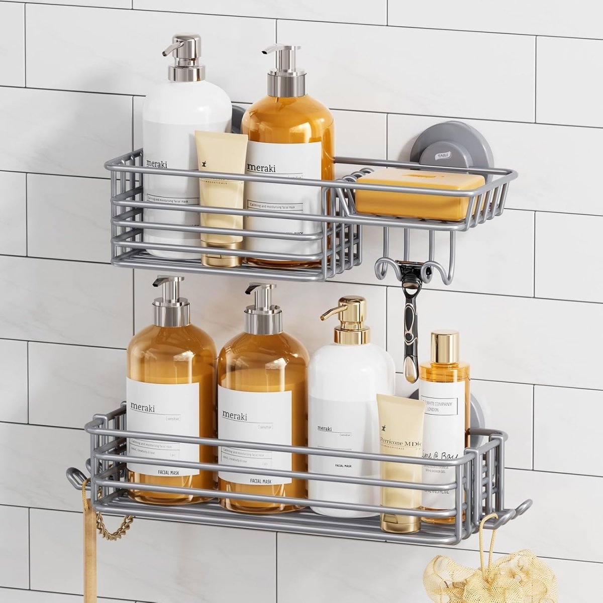 TAILI Shower Caddy Suction Cup 2 Pack with Hooks &amp; Soap holder, Heavy Duty Shower Organizer for Bathroom, No Drilling Bathroom Organizer with Large Capacity, Black Metal Storage Basket - Homesidy.com