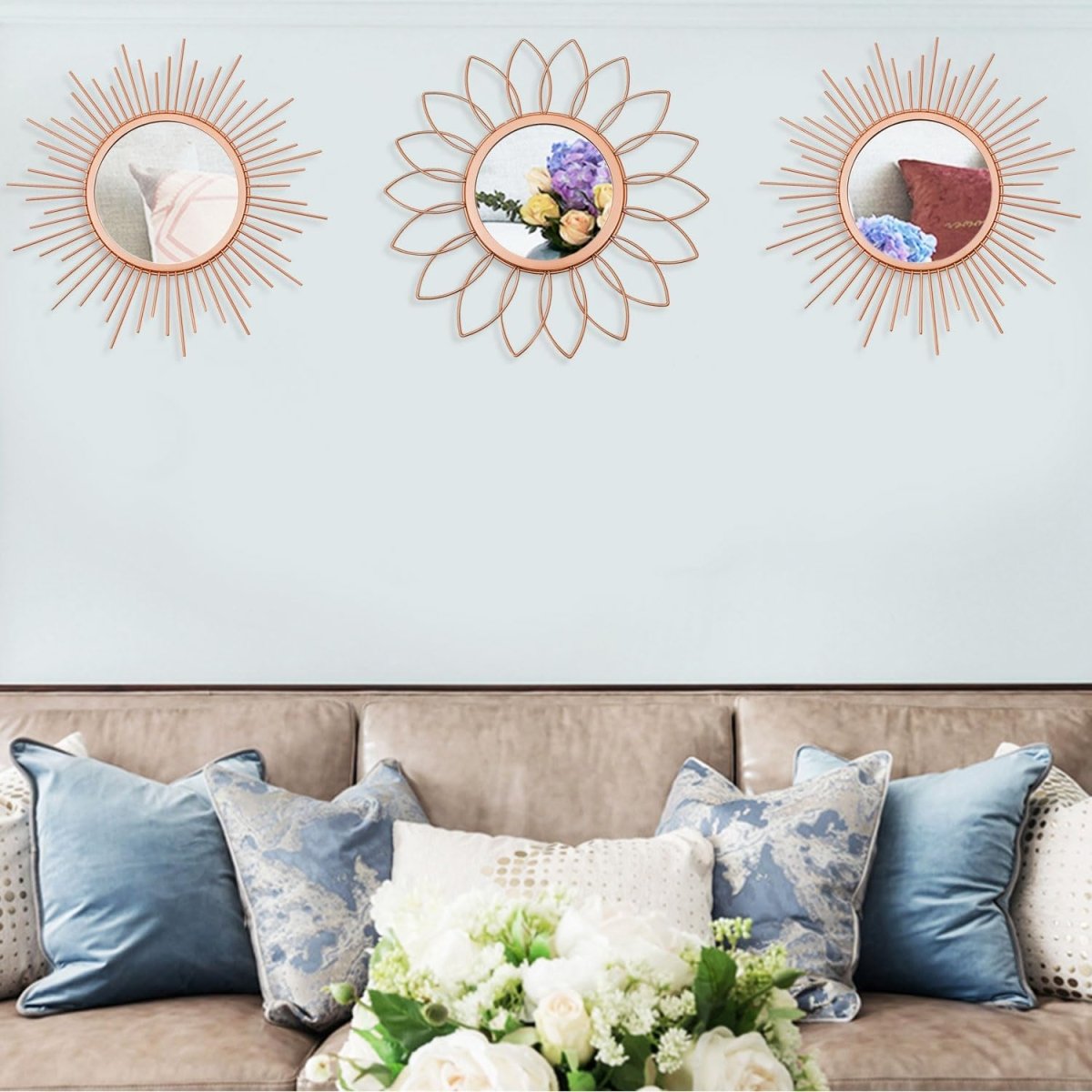 3 Pack Metal Mirrors for Wall Sunburst Wall Mirrors Home Décor Decorative Hanging Wall Art for Living Room Bedroom Entryway (Gold, Flower Sunburst) - Homesidy.com