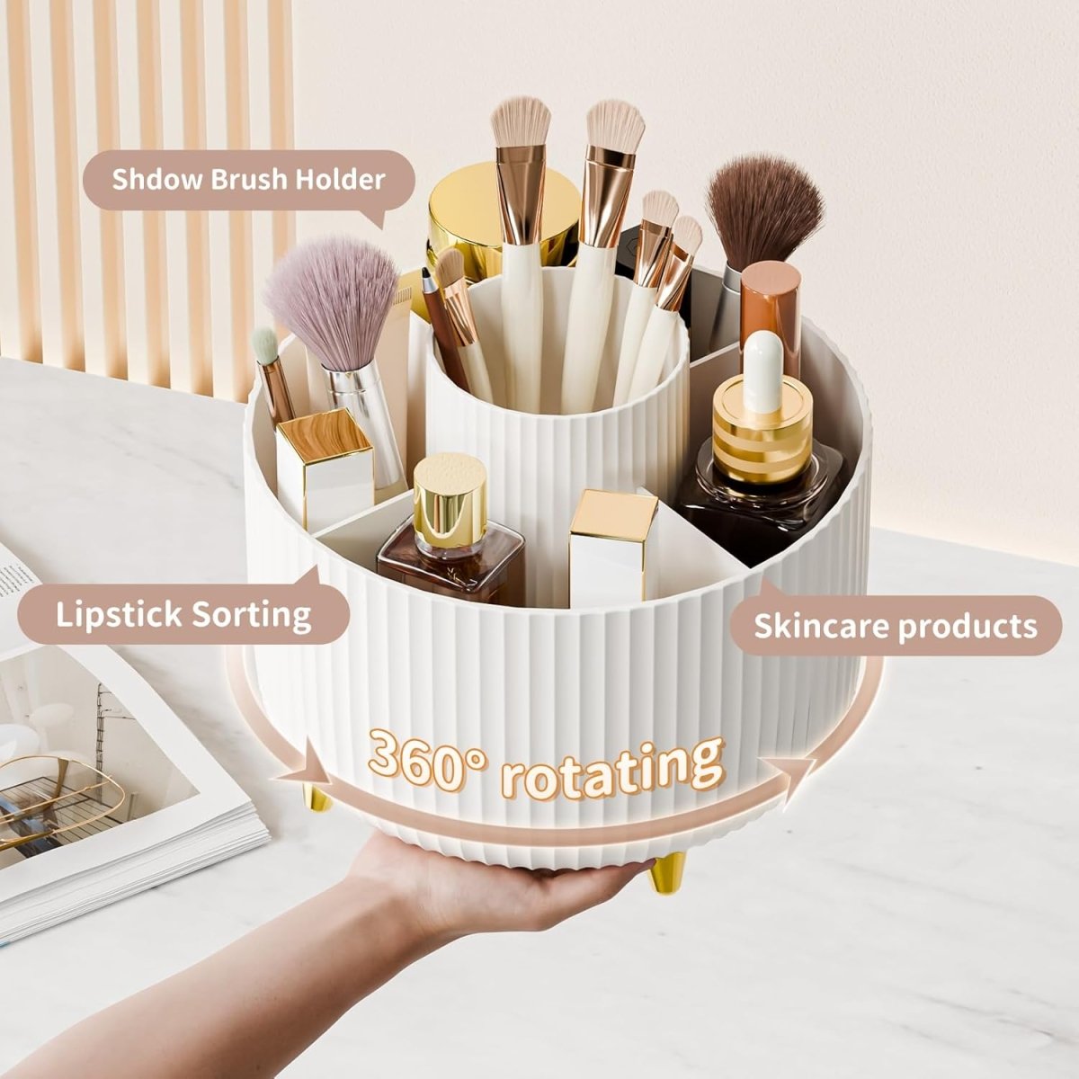 fanado 360° Rotate Makeup Brush Holder Organizer, Makeup Organizers Countertop, Makeup organization and Skincare Storage for Vanity, Desktop, Bathroom (White) - Homesidy.com