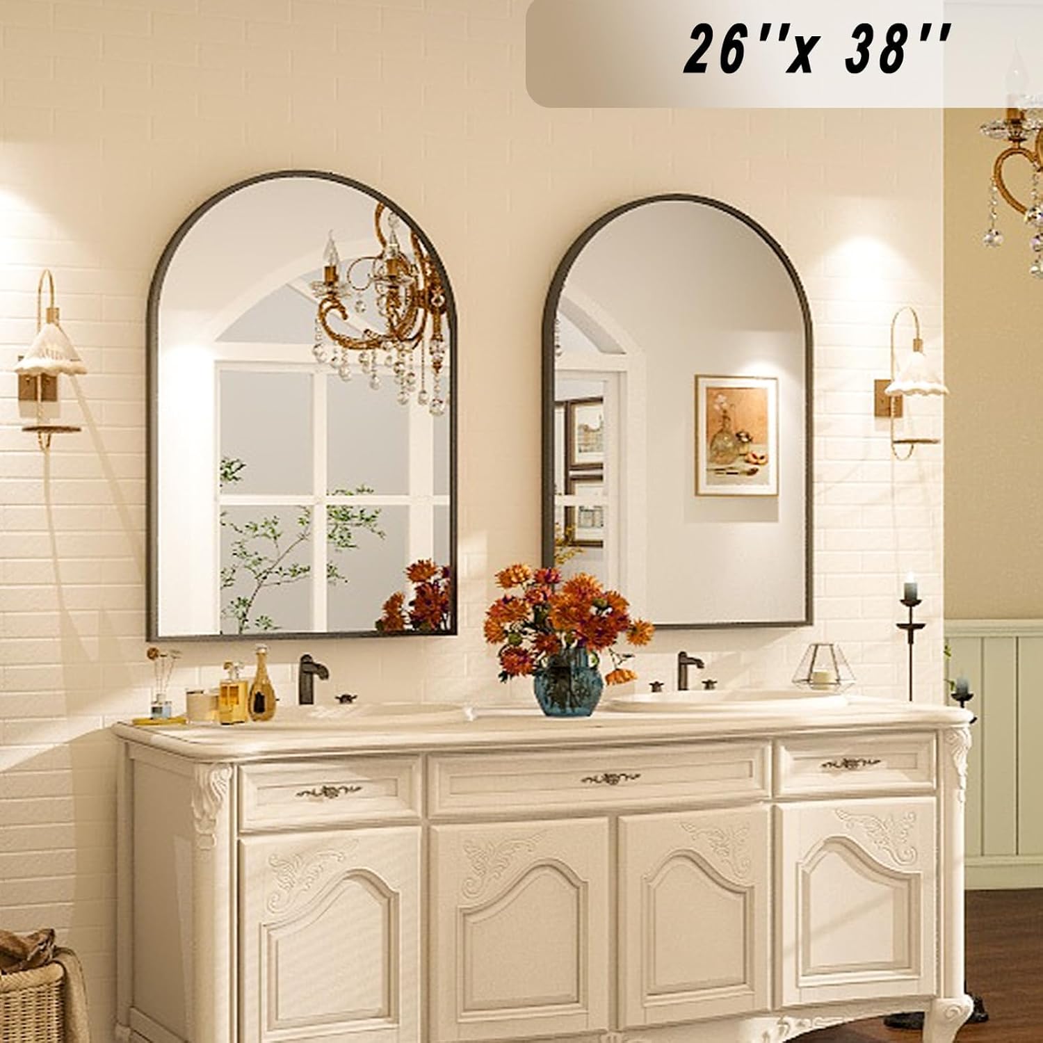VooBang Arched Wall Mirror, 30 x 38 inch Arch Bathroom Mirror, Wall Mounted Vanity Mirror with Arch Metal Frame, Modern Bathroom Vanity Mirror for Bedroom, Living Room, Hanging or Leaning, Black - Homesidy.com