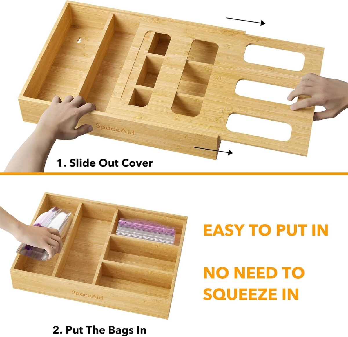 SpaceAid Bag Storage Organizer for Kitchen Drawer, Bamboo Organizer, Compatible with Gallon, Quart, Sandwich and Snack Variety Size Bag (1 Box 4 Slots) - Homesidy.com
