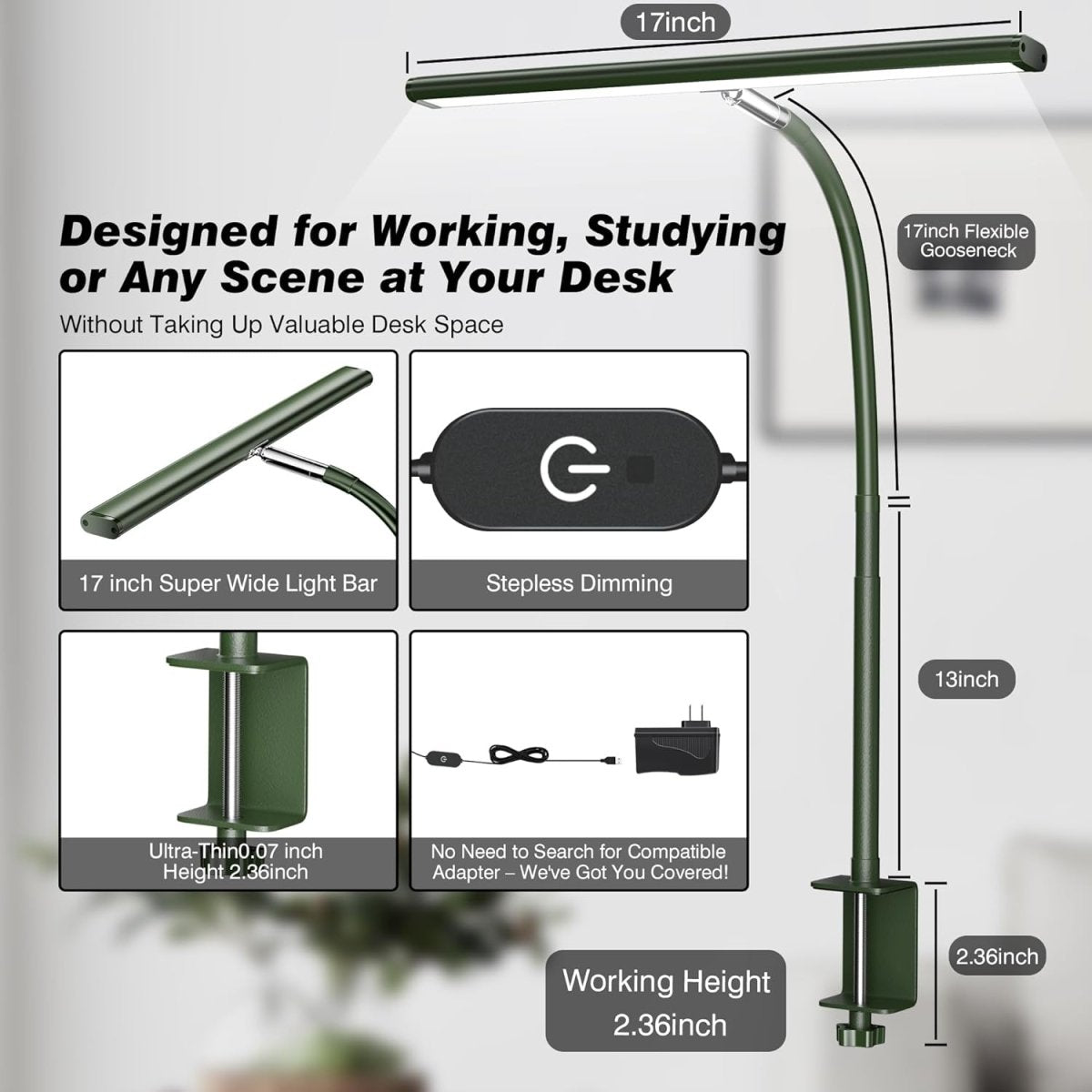 Airlonv LED Desk Lamp for Office Home, Eye - Caring Desk Light with Stepless Dimming Adjustable Flexible Gooseneck, 10W USB Adapter Desk Lamp with Clamp for Reading, Study, Workbench (Black) - Homesidy.com