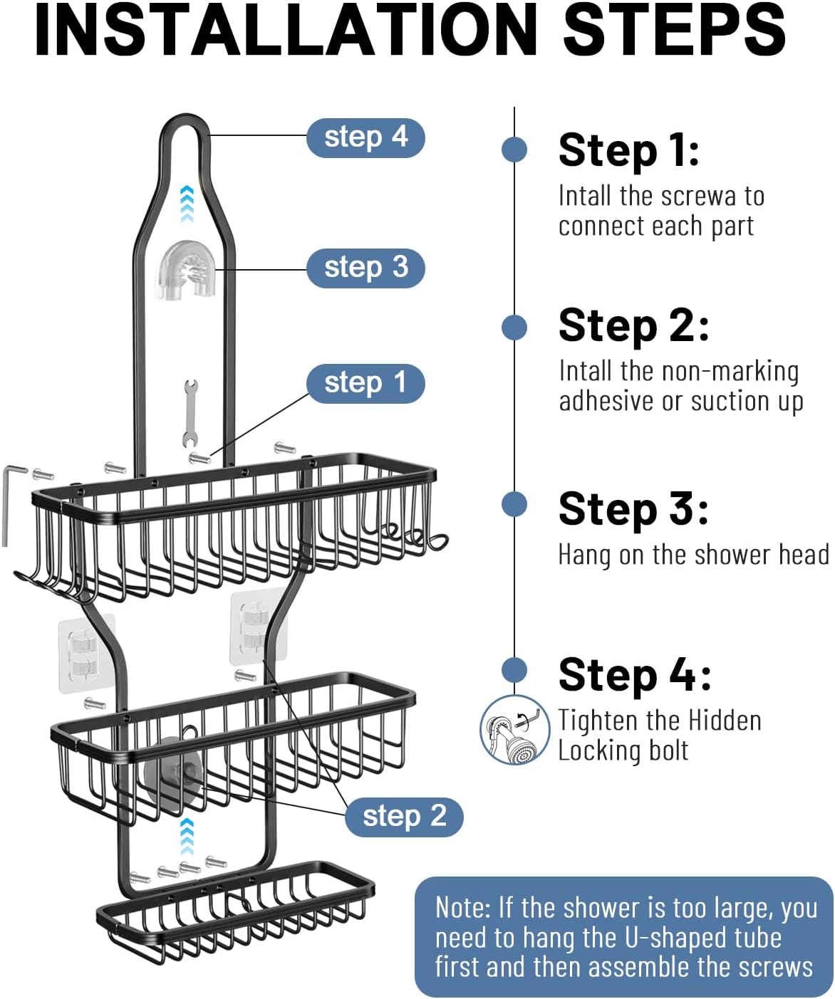 MSAICOE Shower Caddy Hanging - Never Rust Shower Hanging Organizer - Aluminum Over the ShowerHead Caddy with Soap Basket and 6 Hooks for Razor/Sponge (Black) - Homesidy.com