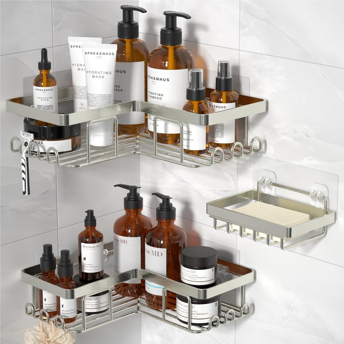 YASONIC Corner Adhesive Shower Caddy, with Soap Holder and 12 Hooks, Rustproof Stainless Steel Bathroom Organizer, No Drilling Wall Mounted Rack, Black, 3 - Pack - Homesidy.com
