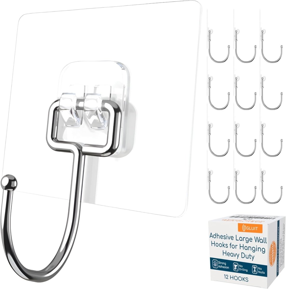 GLUIT Adhesive Wall Hooks for Hanging Heavy Duty 22 lbs Hooks for Walls No Damage, Towel Sticky Clear Hook, Waterproof, Home, Bathroom, Kitchen, Office, and Outdoor 12 Pack - Homesidy.com