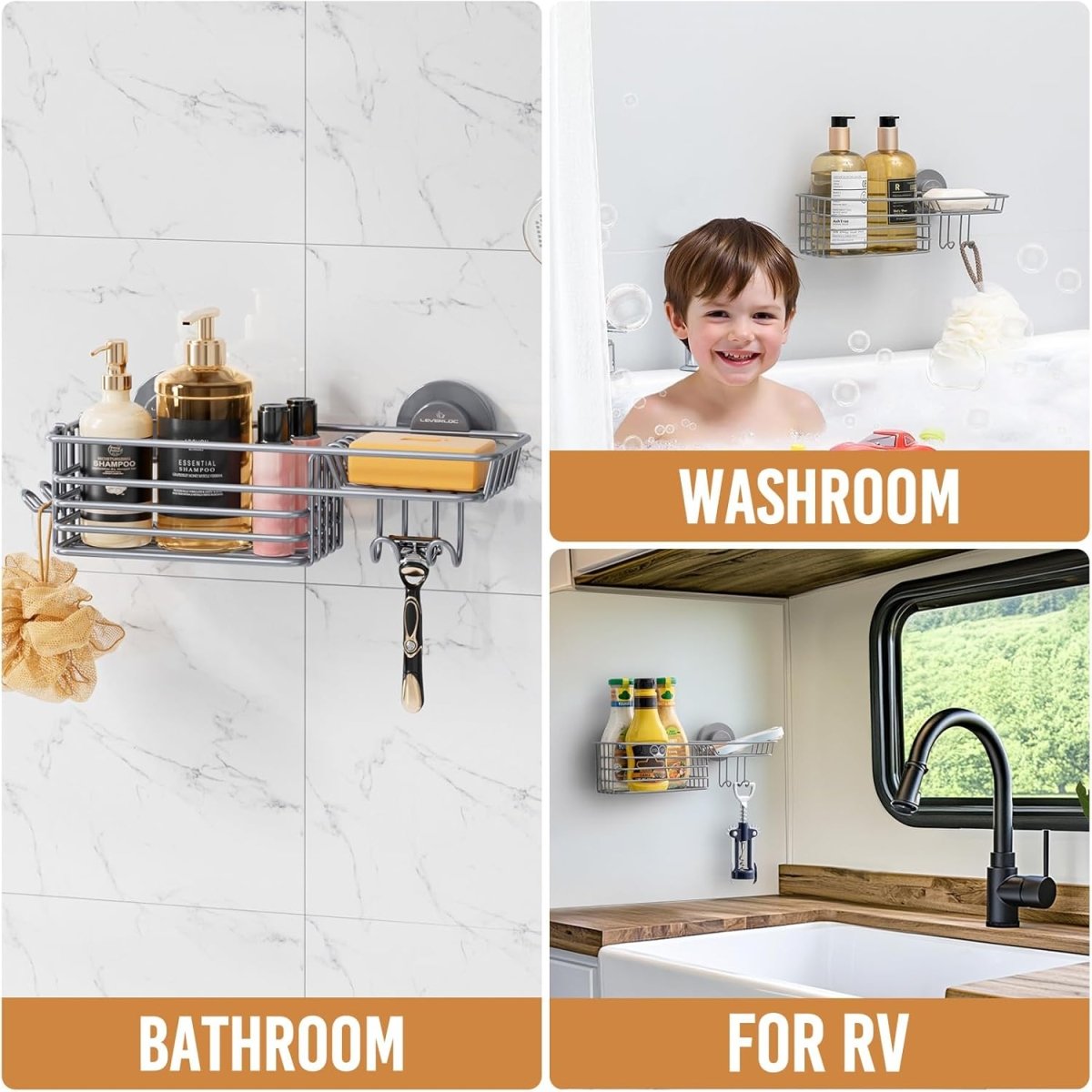 LEVERLOC Shower Caddy Suction Cup, 2 Pack Shower Shelves for Inside Shower with Hooks &amp; Soap Holder, NO - Drilling Bathroom Shower Organizer, Rustproof Meatl Shower Holder Storage, Black - Homesidy.com