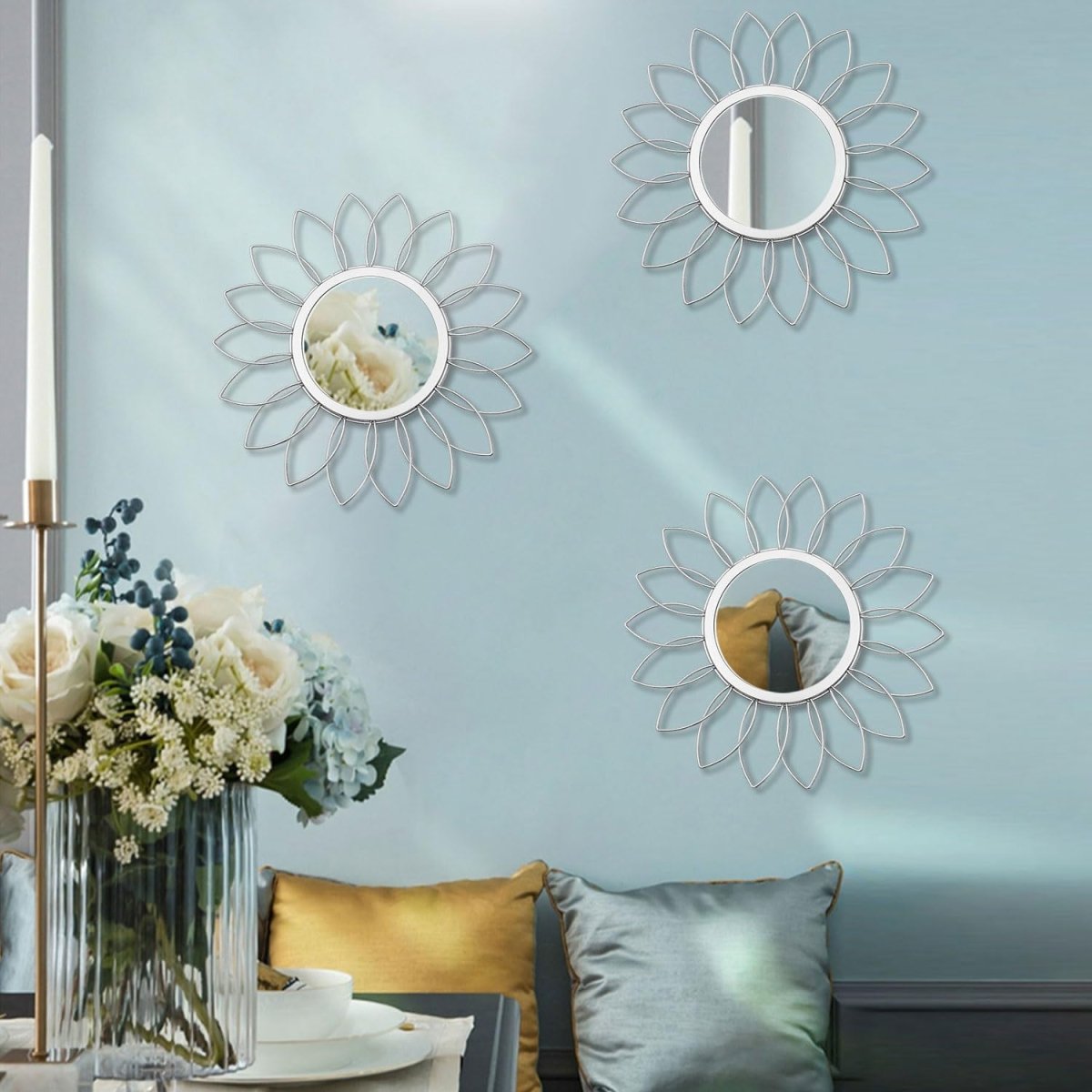 3 Pack Metal Mirrors for Wall Sunburst Wall Mirrors Home Décor Decorative Hanging Wall Art for Living Room Bedroom Entryway (Gold, Flower Sunburst) - Homesidy.com