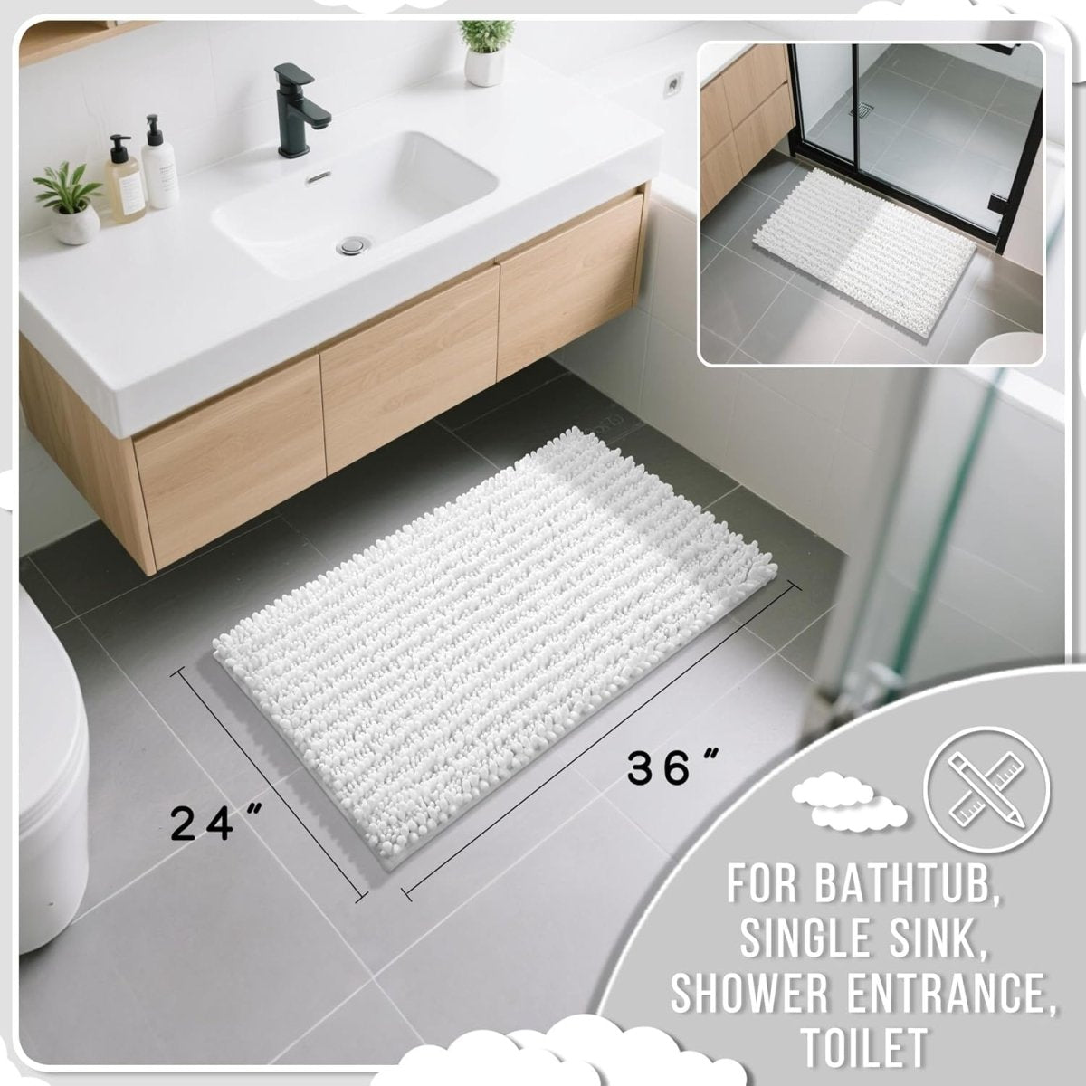 Yimobra Bathroom Rugs Non Slip Washable - Ultra Soft Absorbent Chenille Bath Mat, Quick Dry Shaggy Floor Carpet for Tub Shower, Gray Home Decor Accessories, 24x17 Inch - Homesidy.com