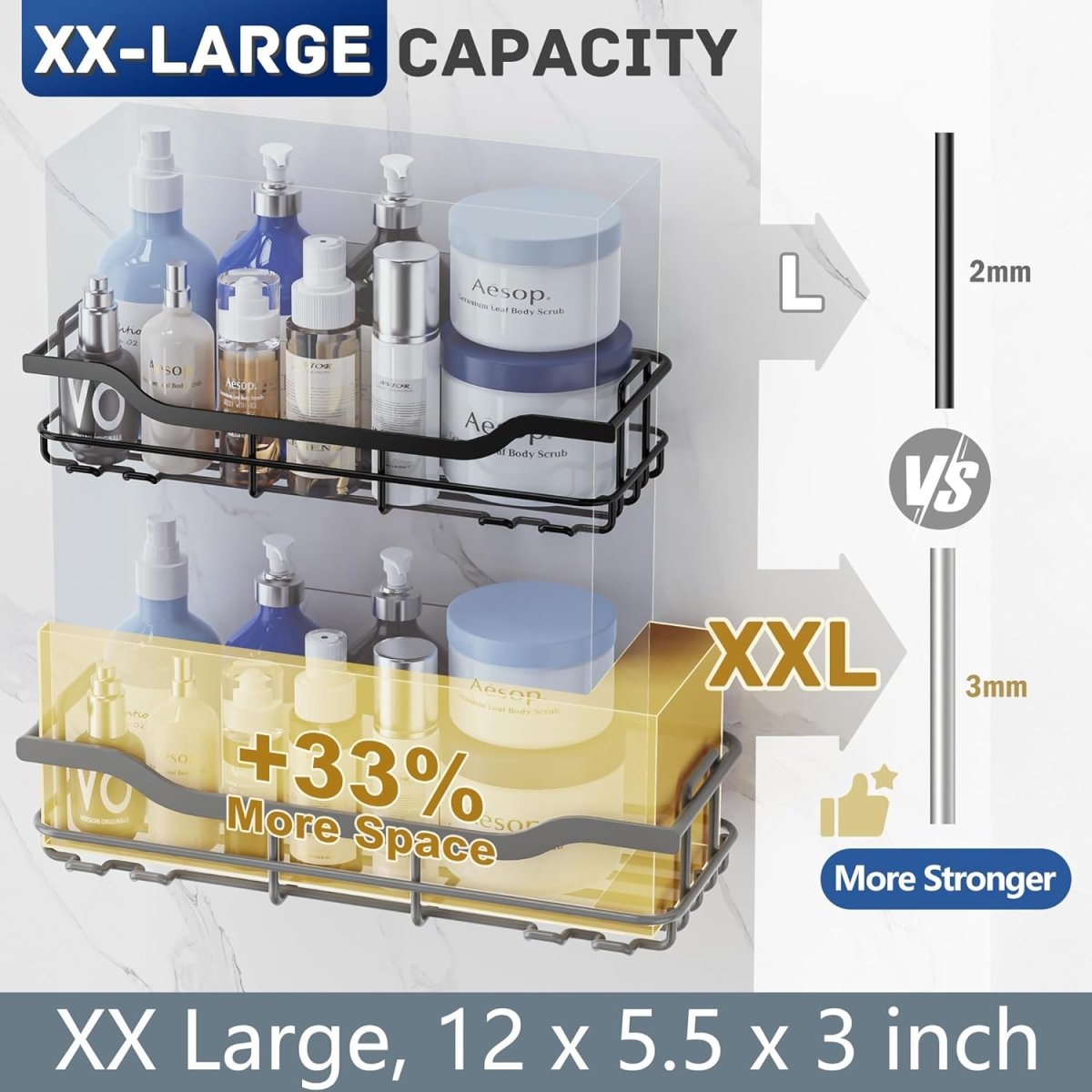 OMAIRA 3 - Pack Shower Caddy with Soap Holder, Adhesive Rustproof No - drill Strudy Loading Inside Shower Organizer Shelves Rack Storage Bathroom Organization for Smooth Wall Glass Tile, Black (Large) - Homesidy.com