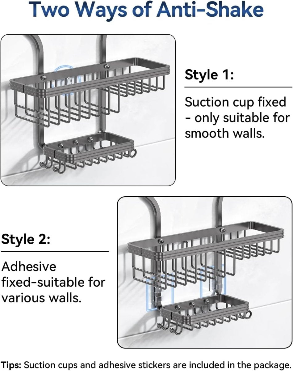 YASONIC Shower Caddy Hanging - Never Rust Shower Organizer - Aluminum Over The Head Caddy with 10 Hooks for Razor/Sponge - Rack with Soap Basket - Silver - Homesidy.com