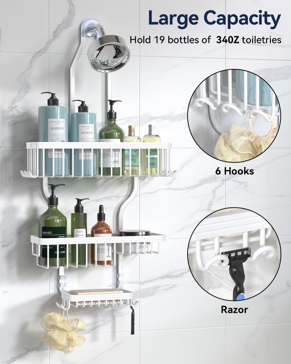 YASONIC Shower Caddy Hanging - Never Rust Shower Organizer - Aluminum Over The Head Caddy with 10 Hooks for Razor/Sponge - Rack with Soap Basket - Silver - Homesidy.com