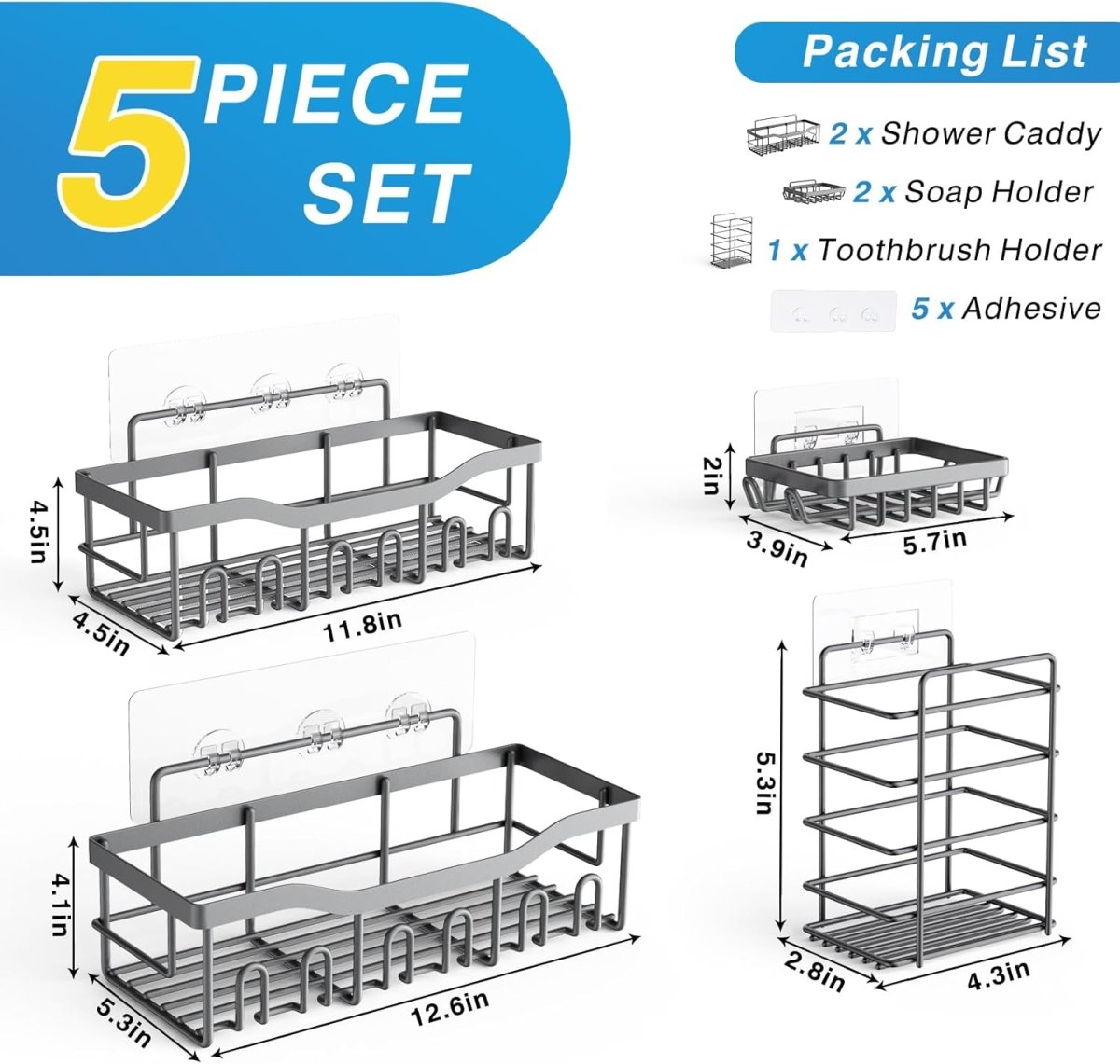 EUDELE Adhesive Shower Caddy, 5 Pack Rustproof Stainless Steel Bath Organizers With Large Capacity, No Drilling Shelves for Bathroom Storage &amp; Home Decor - Homesidy.com