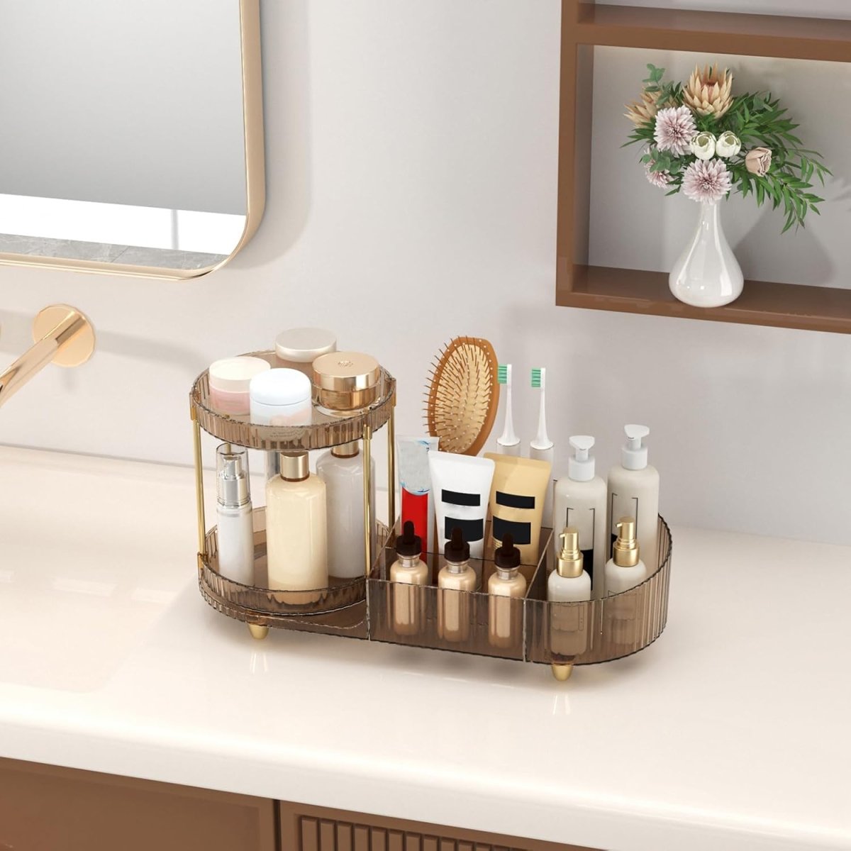 Makeup Organizer Countertop for Vanity, Rotating Perfume Tray with 5 - compartment Cosmetic and Skincare Organizers, Multi - Purpose Desk Storage Makeup Brush Holder for Bathroom Bedroom Counter - Homesidy.com