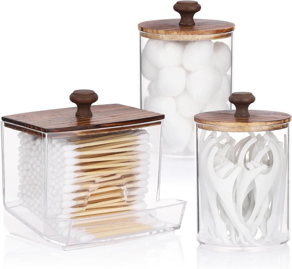 Tbestmax Qtips Holder Bathroom Container, 10 OZ Cotton Ball/Swabs Dispenser, Apothecary Jar Organizer for Storage Brown Wood Lids - Homesidy.com