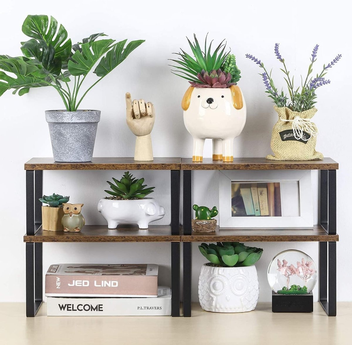 NEX Bamboo Kitchen Cabinet and Counter Shelf Organizer, Stackable &amp; Expandable, Set of 4, White and Natural - Homesidy.com
