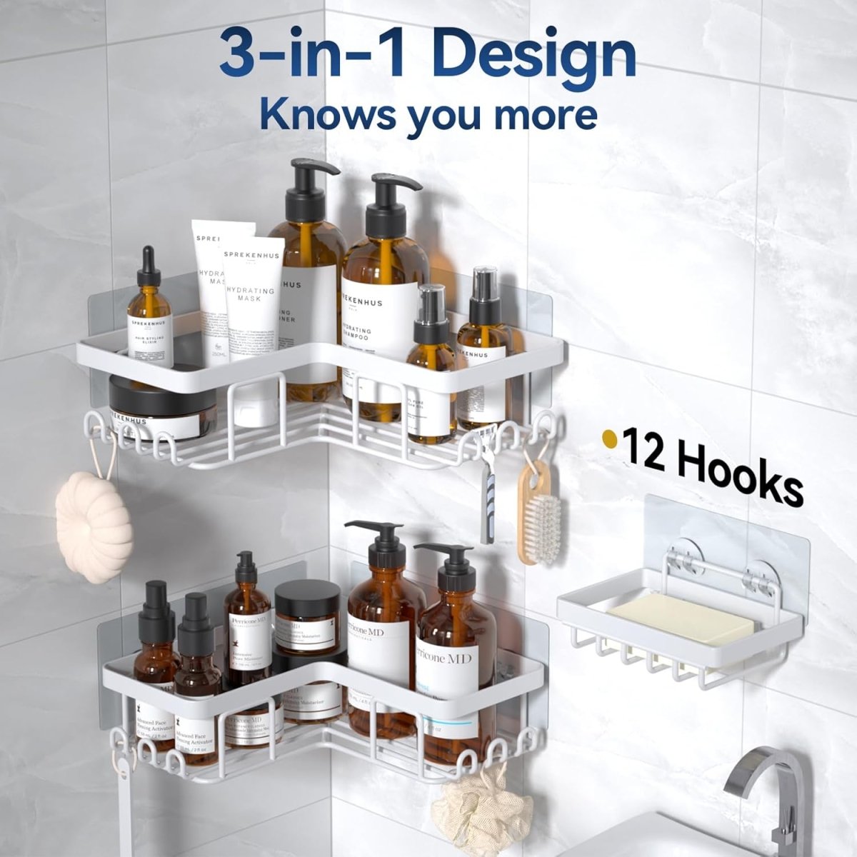 YASONIC Corner Adhesive Shower Caddy, with Soap Holder and 12 Hooks, Rustproof Stainless Steel Bathroom Organizer, No Drilling Wall Mounted Rack, Black, 3 - Pack - Homesidy.com