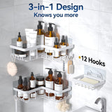 YASONIC Corner Adhesive Shower Caddy, with Soap Holder and 12 Hooks, Rustproof Stainless Steel Bathroom Organizer, No Drilling Wall Mounted Rack, Black, 3 - Pack - Homesidy.com