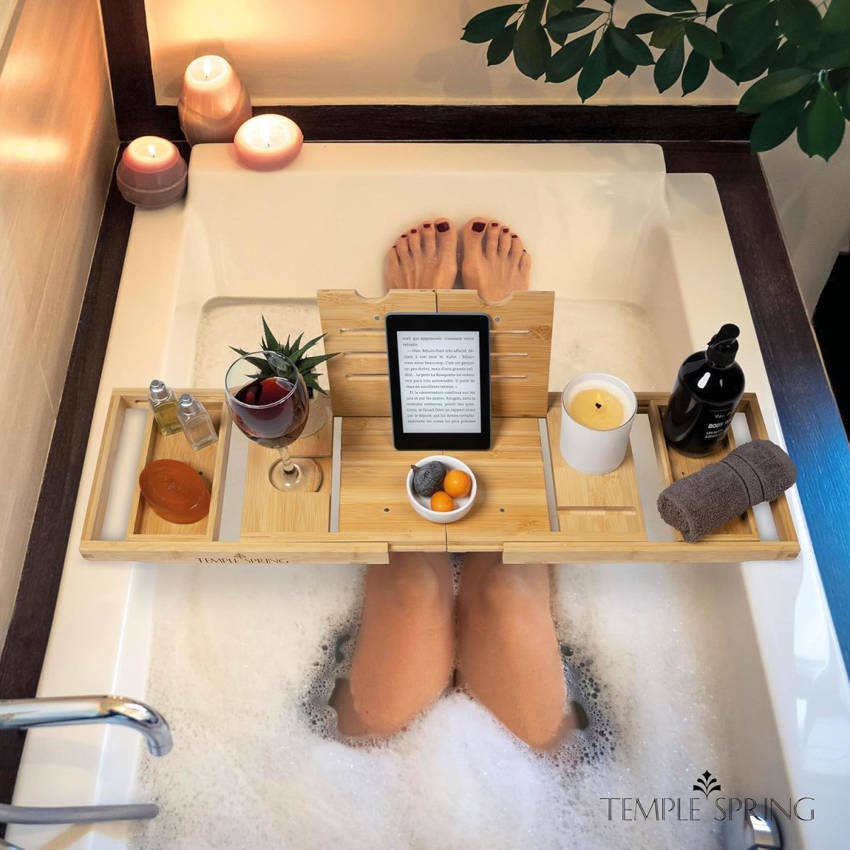 Temple Spring Wooden Bathtub Tray, Bamboo Bathroom Accessories, Bath Tray for Tub, at Home Spa Essentials, Board for Tub Table, Bath Caddy for Bathtub Accessories &amp; Bathroom Essentials – Natural - Homesidy.com