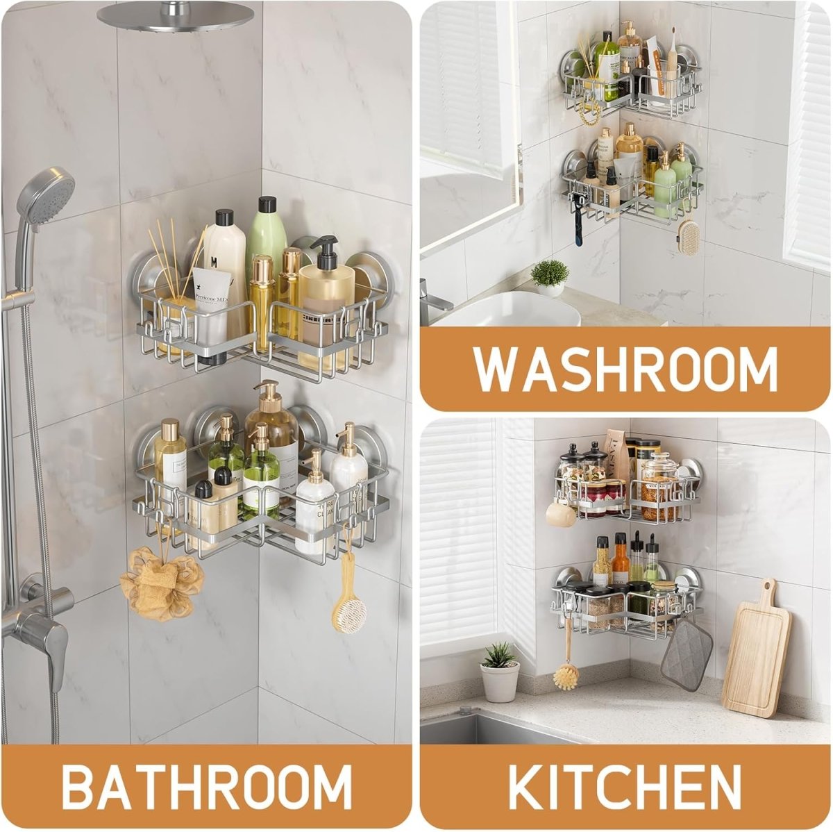 LEVERLOC Corner - adaptive Suction Cup Shower Caddies 2 Pack, Stainless Steel Rustproof Corner Shower Shelf, Large Capacity Removable Suction Cup Bathroom Organizer, Drill - Free Wall Mounted Basket, Gray - Homesidy.com