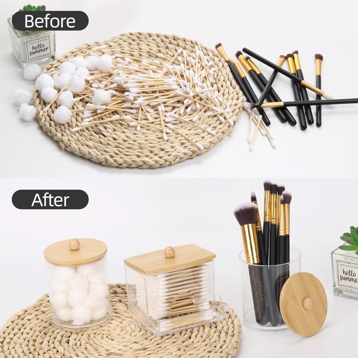 Tbestmax Qtips Holder Bathroom Container, 10 OZ Cotton Ball/Swabs Dispenser, Apothecary Jar Organizer for Storage Brown Wood Lids - Homesidy.com