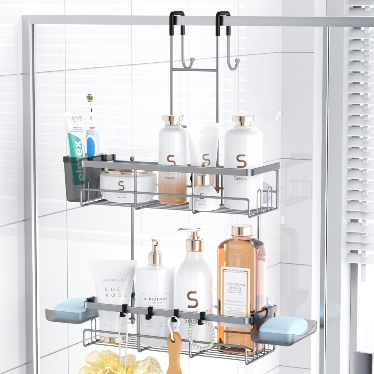 Aitatty Over the Door Shower Caddy Hanging: Black Rustproof Shower Organizer over the Door - No Drilling Bathroom Rack for Inside - Homesidy.com