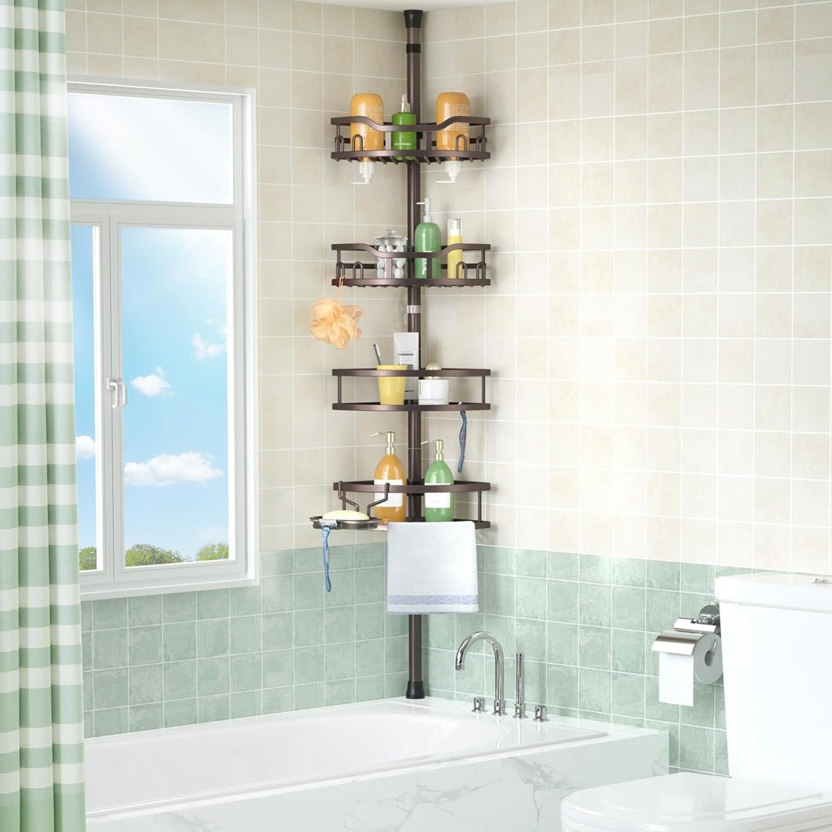 HAMITOR Corner Shower Caddy Tension Pole: Rustproof 4 - Tier Bathroom Organizer Shelves for Bathtub Shampoo Storage - 47 - 121 Inch Quick Install Adjustable Rod Standing Rack with Soap Rack - Silver Gray - Homesidy.com