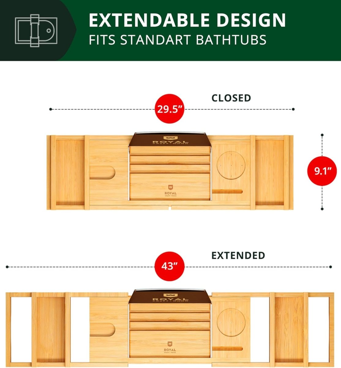 ROYAL CRAFT WOOD Bathtub Tray Caddy for Tub, Bamboo Bath Shelf, Premium Foldable Wood Bath Table, Expandable Bathtub &amp; Bathroom Accessories, New Home Gifts for Mom, Housewarming, Anniversary, Wedding - Homesidy.com