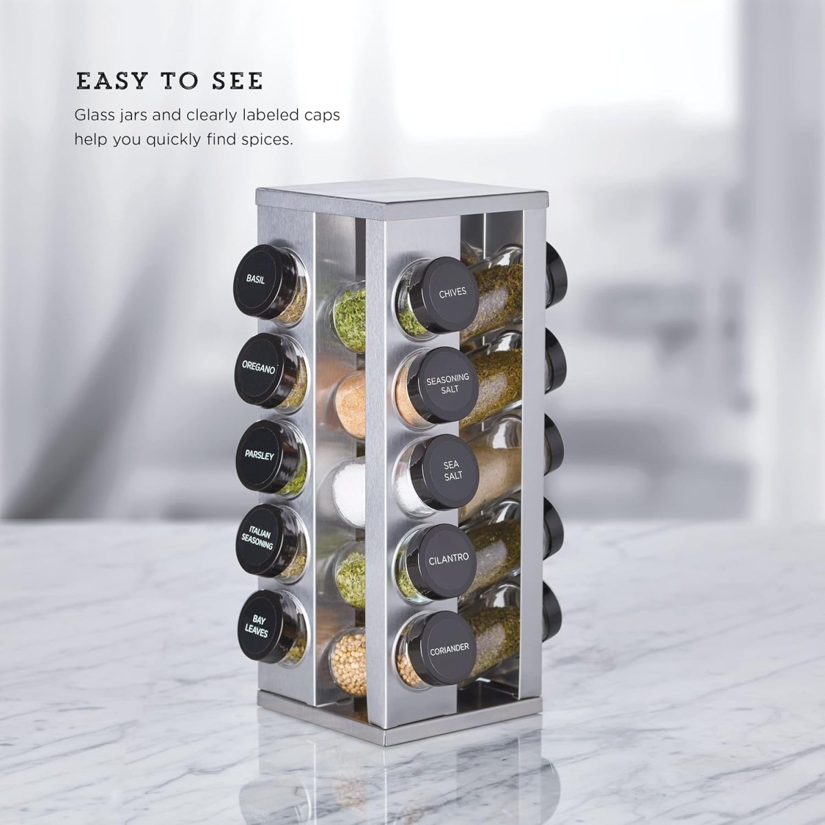 Kamenstein 20 Jar Revolving Countertop Spice Rack with Spices Included, FREE Spice Refills for 5 Years, Polished Stainless Steel with Black Caps, 30020 - Homesidy.com