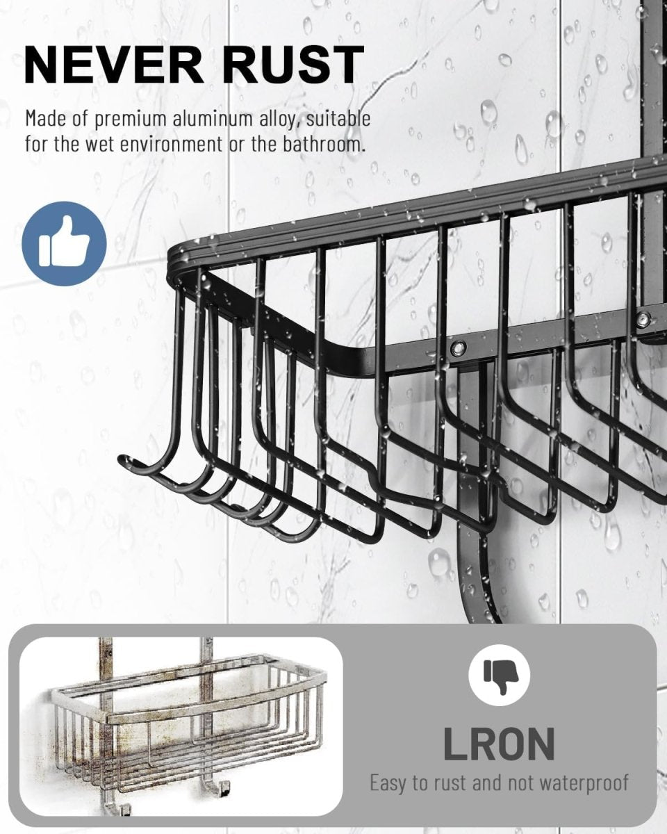 MSAICOE Shower Caddy Hanging - Never Rust Shower Hanging Organizer - Aluminum Over the ShowerHead Caddy with Soap Basket and 6 Hooks for Razor/Sponge (Black) - Homesidy.com