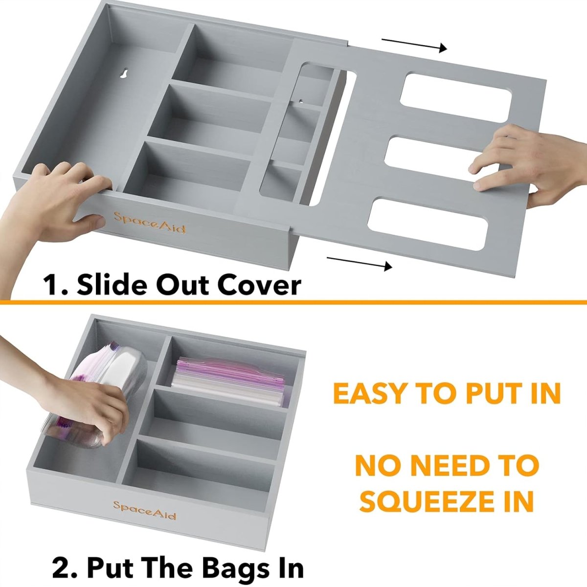 SpaceAid Bag Storage Organizer for Kitchen Drawer, Bamboo Organizer, Compatible with Gallon, Quart, Sandwich and Snack Variety Size Bag (1 Box 4 Slots) - Homesidy.com