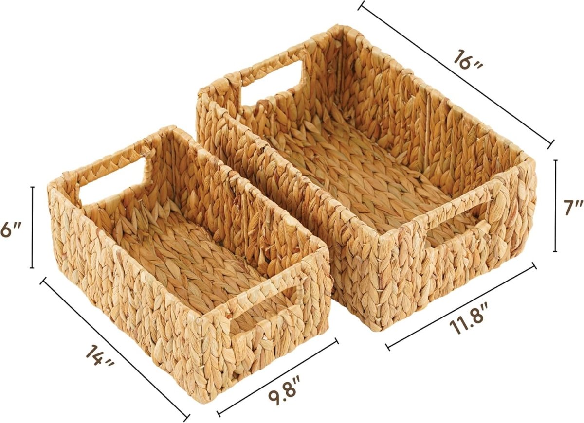 Greenatural Water Hyacinth Storage Baskets Set of 2, Handwoven Rectangular Organizer Trays with Wooden Bead Handles, Nested Wicker Bins for Shelf, Bathroom, Kitchen, Office, Natural Decor - Homesidy.com