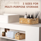 Greenatural Water Hyacinth Storage Baskets Set of 2, Handwoven Rectangular Organizer Trays with Wooden Bead Handles, Nested Wicker Bins for Shelf, Bathroom, Kitchen, Office, Natural Decor - Homesidy.com