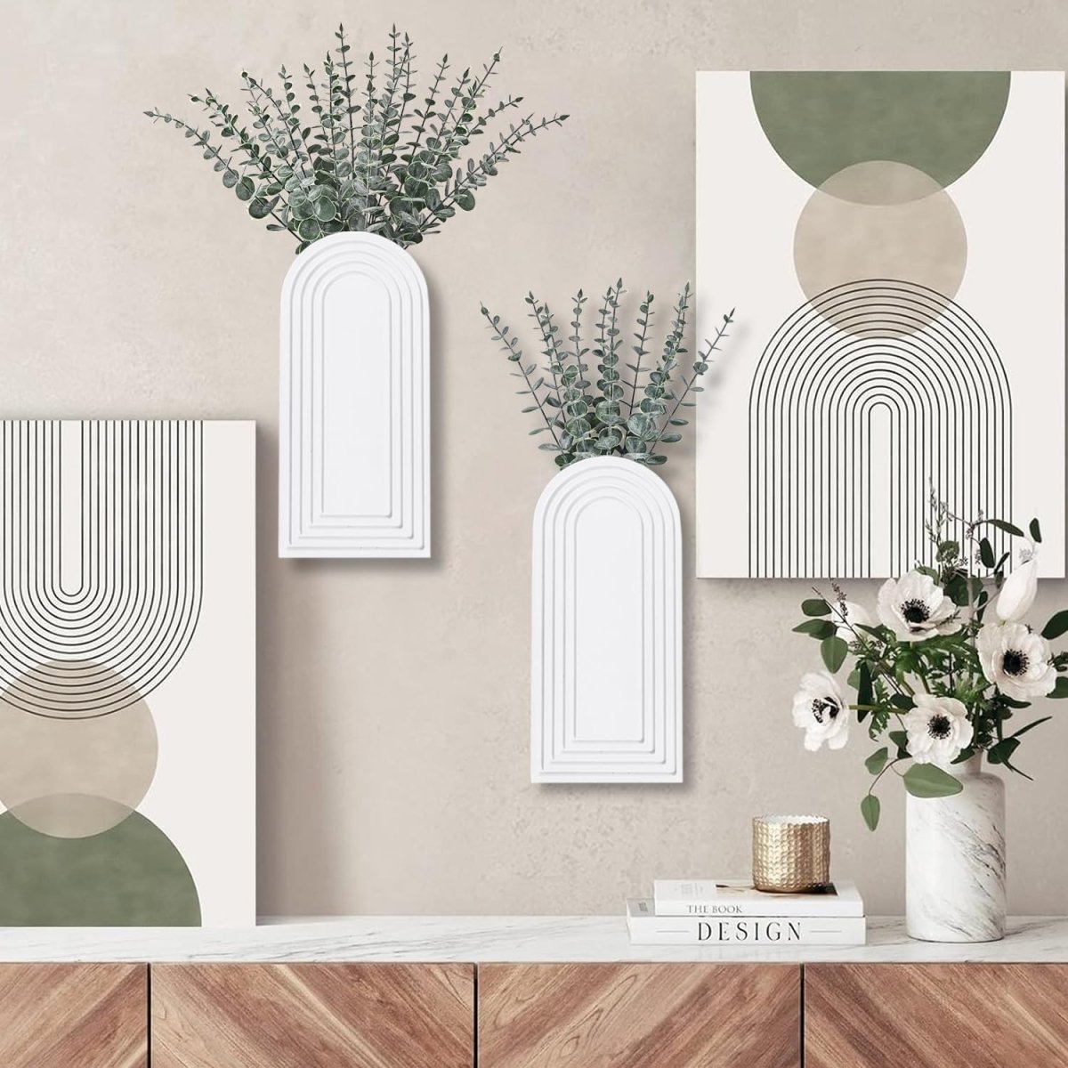 Dnnnii 2 Pack Wooden Wall Vase Set - Brown Finish Modern Farmhouse &amp; Boho Wall Decor for Entryway, Hallway, Bathroom, Living Room, Dining Room, Narrow Spaces - Homesidy.com