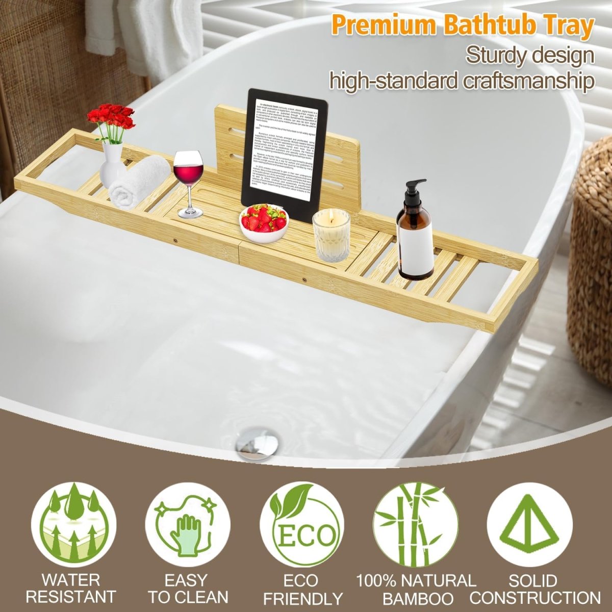 Bathtub Tray Caddy - Bath Tray - Bath Tub Tray Caddy - Bamboo Bath Table Tray for Tub - Expandable Size, Fits Most Tubs - Homesidy.com