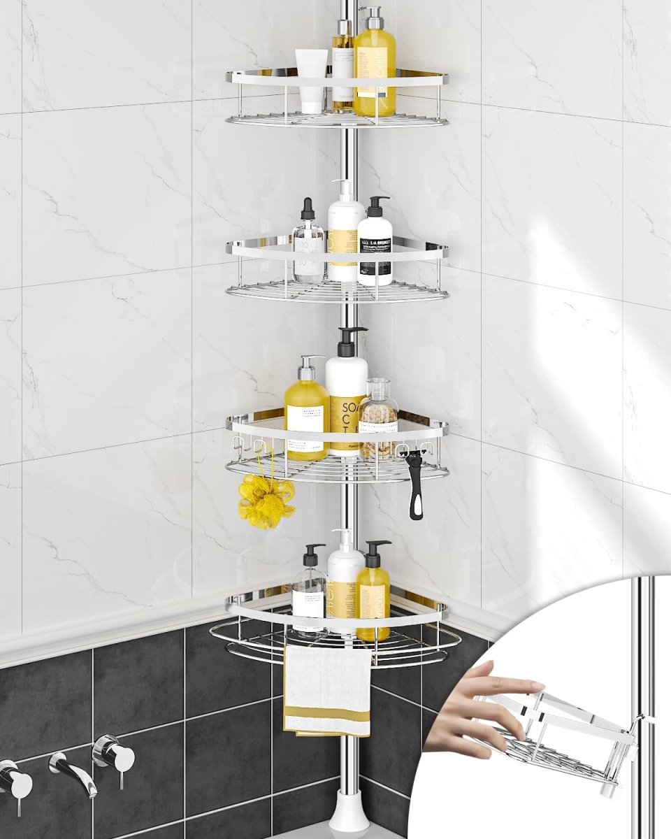 SEIRIONE Rustproof Shower Corner Caddy Organizer for Bathroom, 4 Adjustable Shelves with Tension Pole, for Bathtub Shampoo Accessories Storage Holder, 34 to 116 Inch Height - Homesidy.com