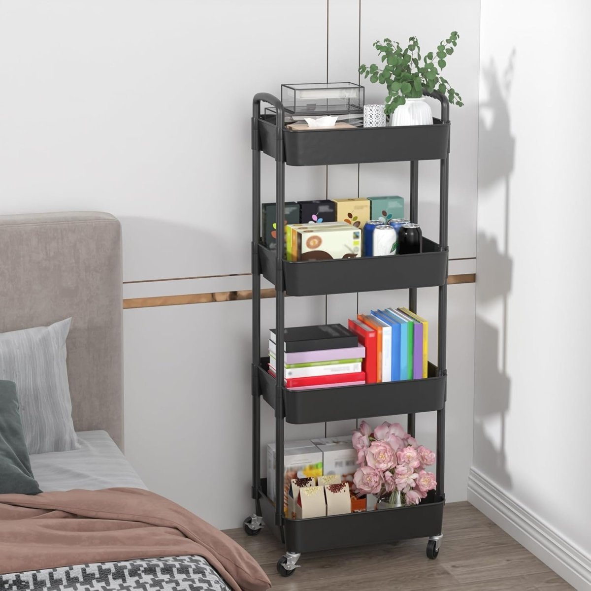 Sywhitta 3 - Tier Plastic Rolling Utility Cart with Handle, Multi - Functional Storage Trolley for Office, Living Room, Kitchen, Movable Storage Organizer with Wheels, White - Homesidy.com