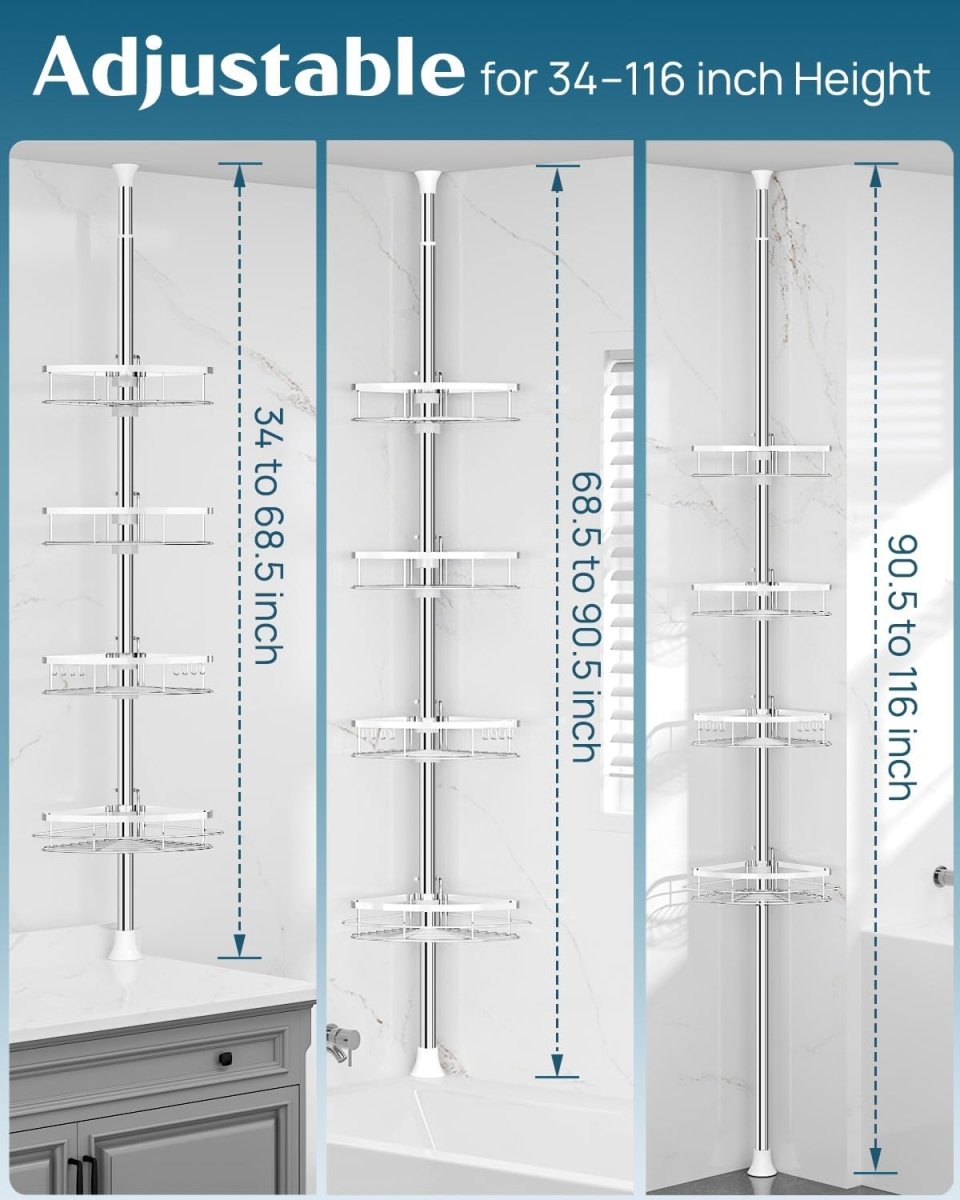 SEIRIONE Rustproof Shower Corner Caddy Organizer for Bathroom, 4 Adjustable Shelves with Tension Pole, for Bathtub Shampoo Accessories Storage Holder, 34 to 116 Inch Height - Homesidy.com