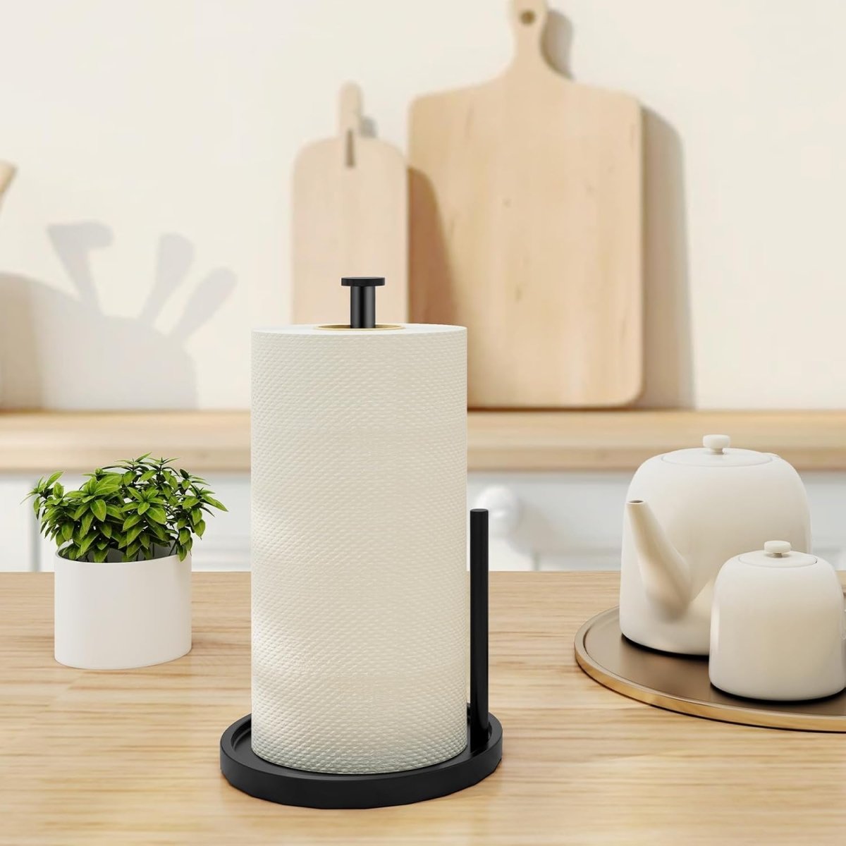 Paper Towel Holder Countertop, Standing Paper Roll Holder with Anti Slip Weighted Base, Stainless Steel Freestanding Paper Towel Holder for Kitchen, Black - Homesidy.com