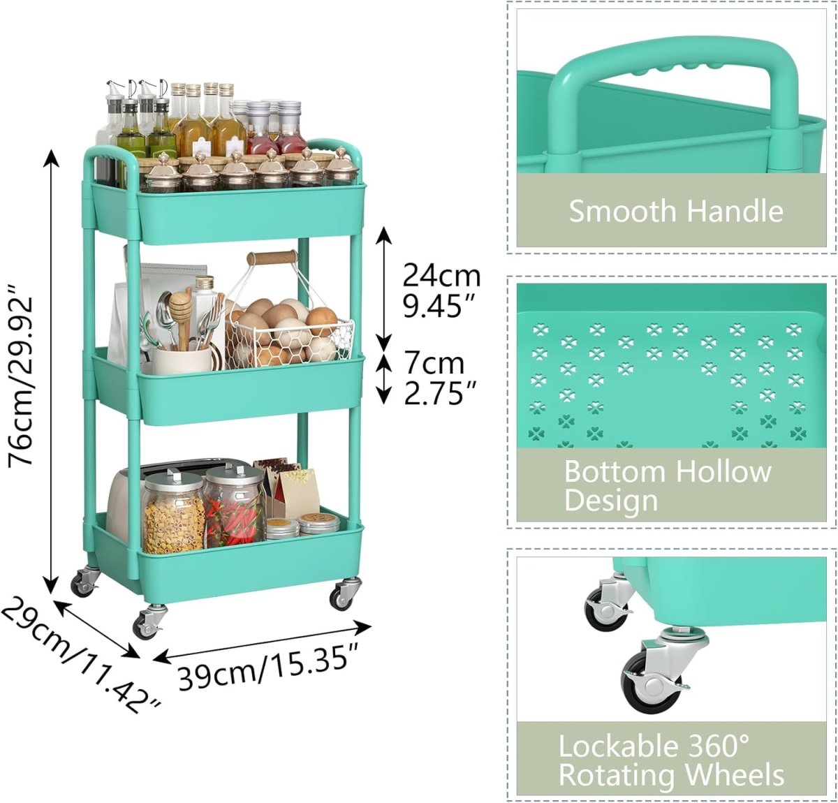 Sywhitta 3 - Tier Plastic Rolling Utility Cart with Handle, Multi - Functional Storage Trolley for Office, Living Room, Kitchen, Movable Storage Organizer with Wheels, White - Homesidy.com