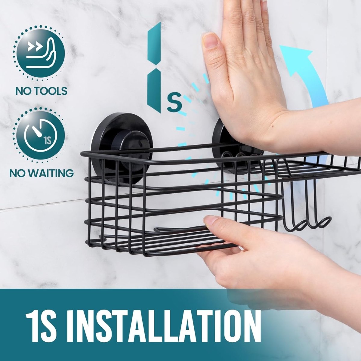 TAILI Shower Caddy Suction Cup 2 Pack with Hooks &amp; Soap holder, Heavy Duty Shower Organizer for Bathroom, No Drilling Bathroom Organizer with Large Capacity, Black Metal Storage Basket - Homesidy.com