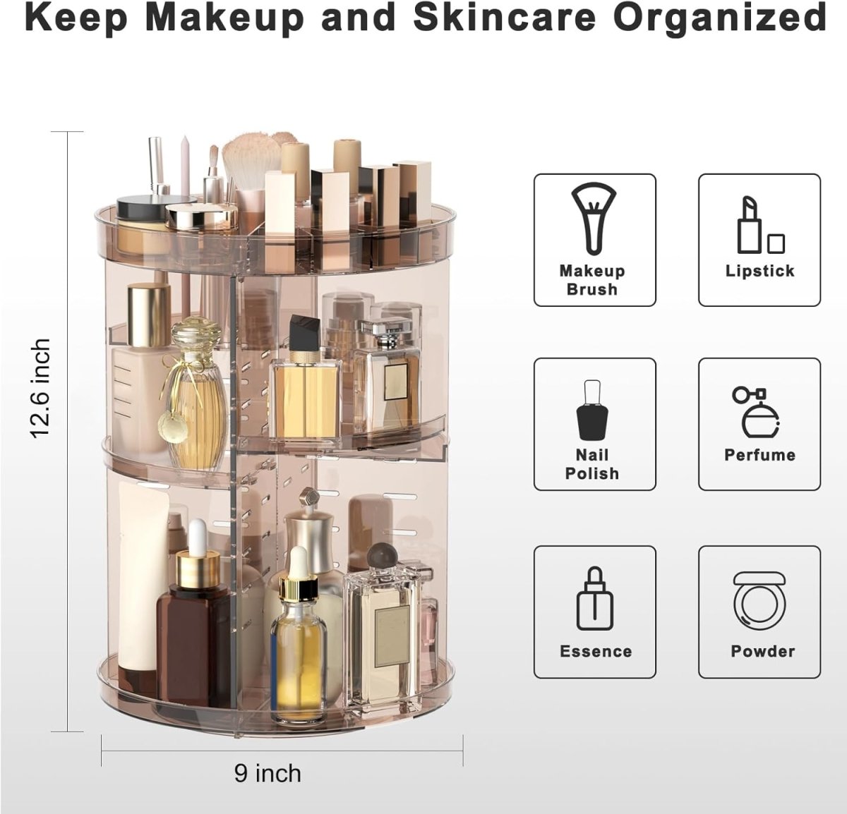 Rotating Makeup Organizer, DIY 8 Adjustable Layers Spinning Skincare Organizer, Cosmetic Display Case with Brush Holder Perfume Tray, Multi - Function Storage Carousel for Vanity Bathroom Countertop - Homesidy.com