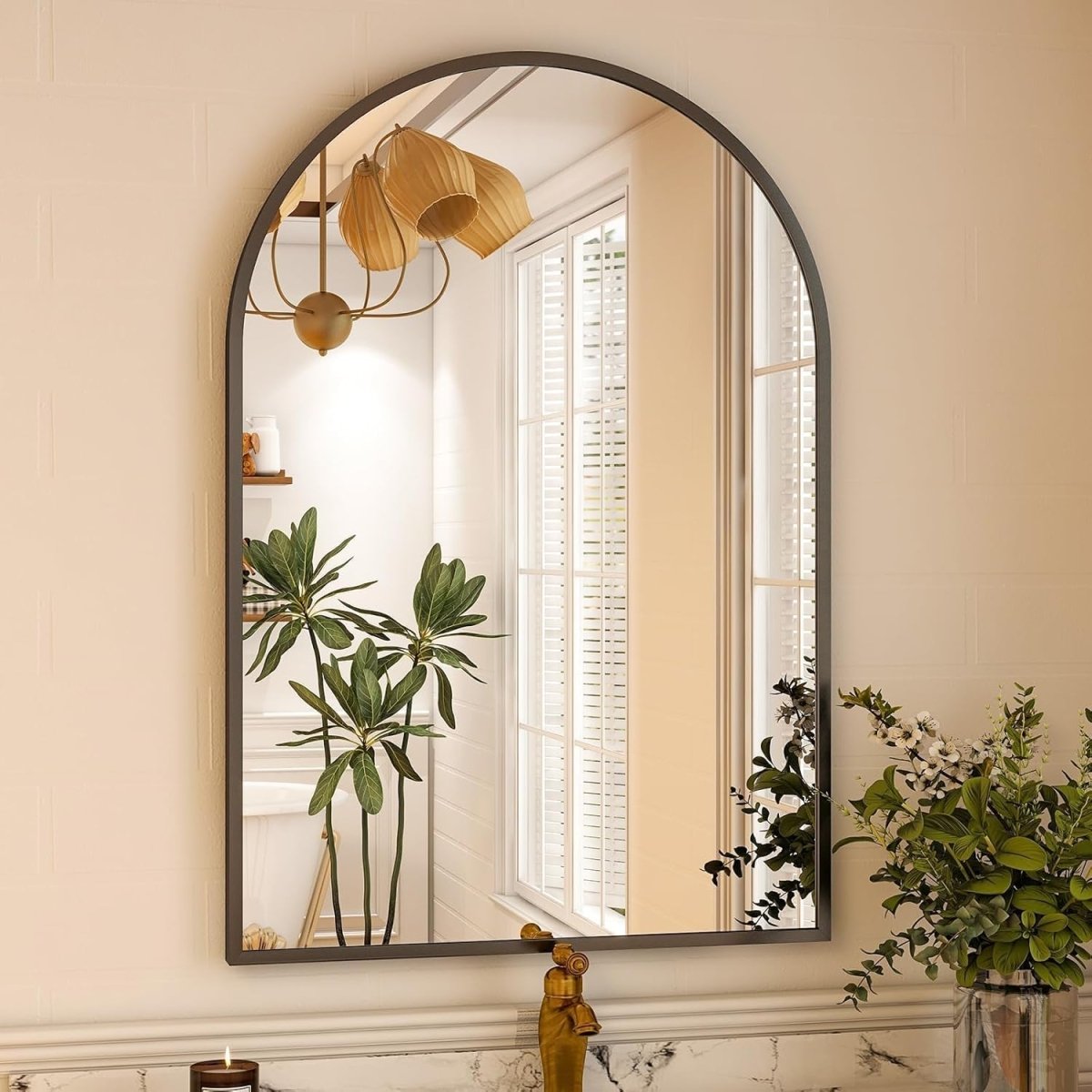 VooBang Arched Wall Mirror, 30 x 38 inch Arch Bathroom Mirror, Wall Mounted Vanity Mirror with Arch Metal Frame, Modern Bathroom Vanity Mirror for Bedroom, Living Room, Hanging or Leaning, Black - Homesidy.com