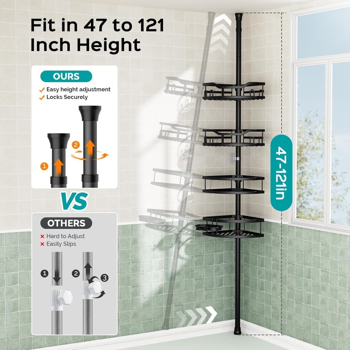 HAMITOR Corner Shower Caddy Tension Pole: Rustproof 4 - Tier Bathroom Organizer Shelves for Bathtub Shampoo Storage - 47 - 121 Inch Quick Install Adjustable Rod Standing Rack with Soap Rack - Silver Gray - Homesidy.com