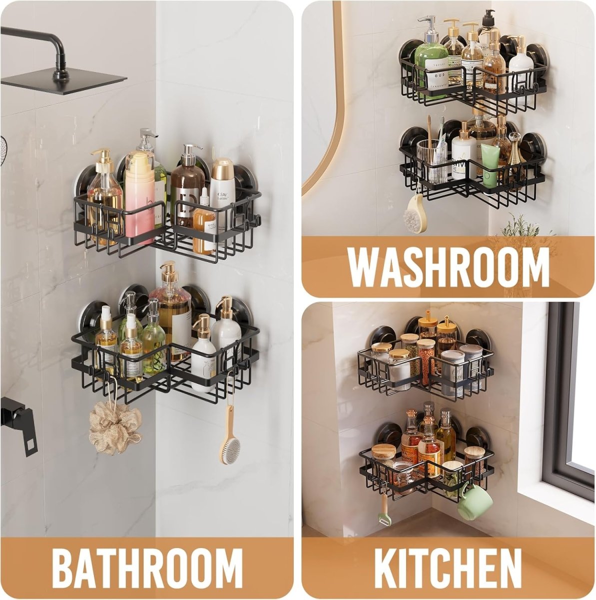 LEVERLOC Corner - adaptive Suction Cup Shower Caddies 2 Pack, Stainless Steel Rustproof Corner Shower Shelf, Large Capacity Removable Suction Cup Bathroom Organizer, Drill - Free Wall Mounted Basket, Gray - Homesidy.com