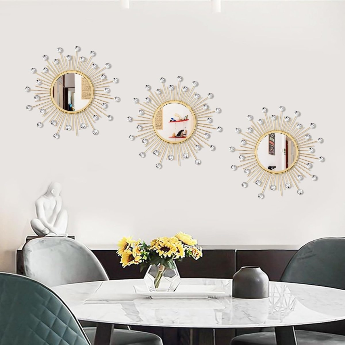 3 Pack Metal Mirrors for Wall Sunburst Wall Mirrors Home Décor Decorative Hanging Wall Art for Living Room Bedroom Entryway (Gold, Flower Sunburst) - Homesidy.com